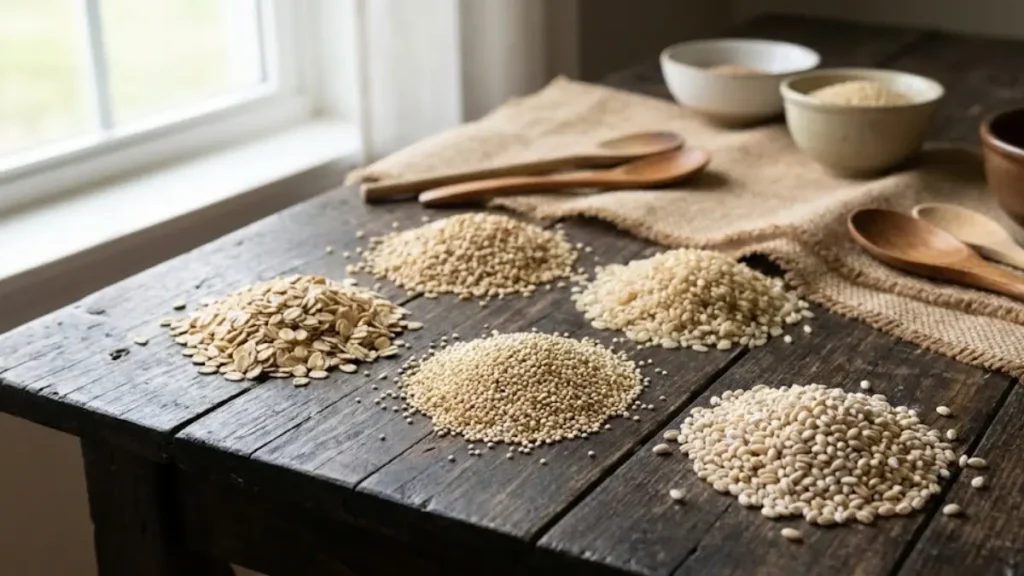 Whole grains such as oats, quinoa, and brown rice that promote longevity and gut health