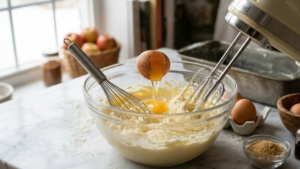 Stock’s Bakery Pound Cake Recipe 5 Adding eggs to pound cake batter mixture.