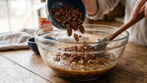 Goode Pecan Pie Recipe 5 Adding pecan halves into the pecan pie filling mixture.