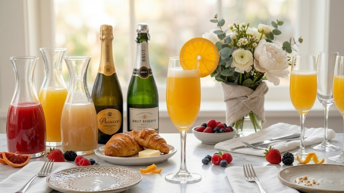 Classic Mimosa Recipe – The Perfect Brunch Cocktail in 5 Minutes 2 Brunch table setup with multiple mimosa glasses, fruits, and champagne bottles