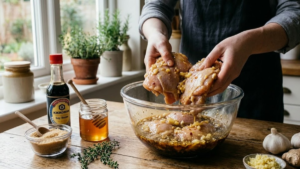 Molokai Chicken Recipe 5 Chicken thighs soaking in pineapple soy marinade for Molokai chicken.