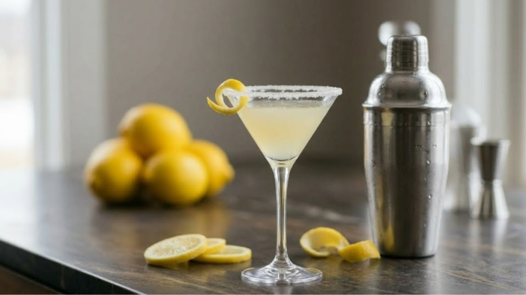 Lemon Drop Recipe 1 Classic lemon drop RECIPE cocktail in a sugar rimmed martini glass with lemon garnish