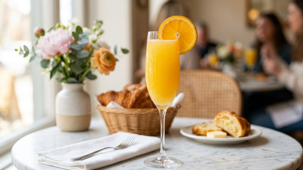 Home 5 Classic mimosa recipe in a champagne flute with fresh orange juice and sparkling wine on a brunch table