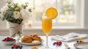 Classic Mimosa Recipe – The Perfect Brunch Cocktail in 5 Minutes 8 Finished mimosa cocktail served in a champagne flute with brunch food in the background