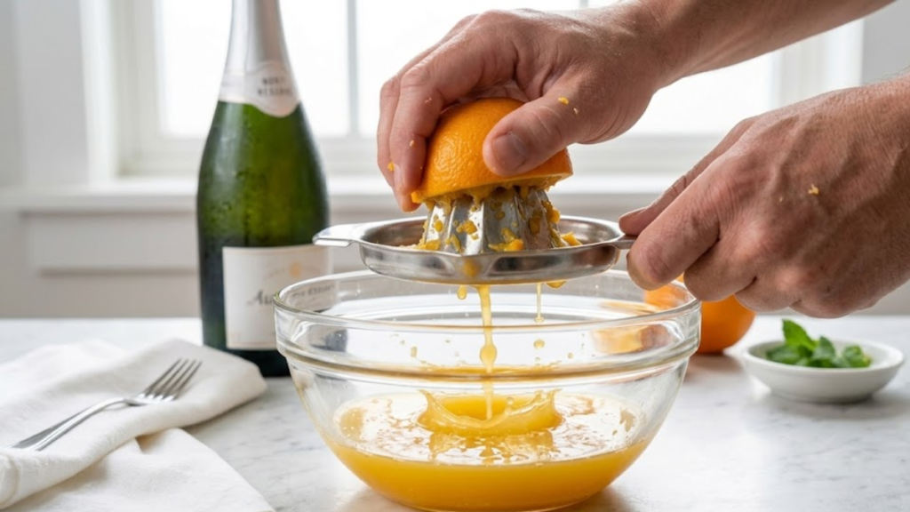 Classic Mimosa Recipe – The Perfect Brunch Cocktail in 5 Minutes 1 Fresh oranges being squeezed into juice for making a mimosa cocktail - Mimosa Recipe
