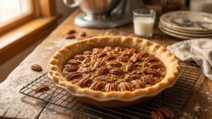 Goode Pecan Pie Recipe 9 Freshly baked pecan pie cooling on a rack.