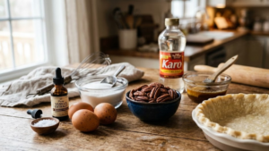 Goode Pecan Pie Recipe 3 Ingredients for Goode pecan pie recipe including pecans, eggs, corn syrup, sugar, butter, and pie crust.