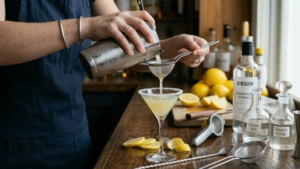Lemon Drop Recipe 7 Lemon drop cocktail being strained into a sugar rimmed martini glass