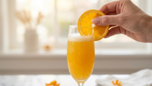 Classic Mimosa Recipe – The Perfect Brunch Cocktail in 5 Minutes 7 Mimosa cocktail garnished with a fresh orange slice on the rim of the glass