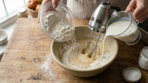 Stock’s Bakery Pound Cake Recipe 7 Mixing flour and milk into pound cake batter.