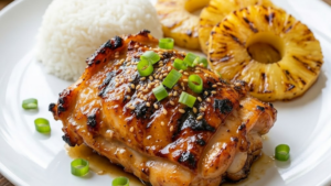 Molokai Chicken Recipe 10 Molokai chicken served with rice and grilled pineapple.