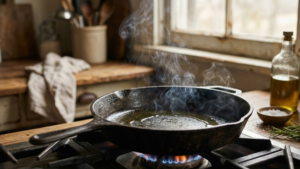 Mollejas de Res Recipe: Crispy and Delicious Beef Sweetbreads 8 Olive oil heating in a skillet before cooking mollejas.