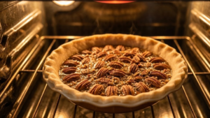 Goode Pecan Pie Recipe 8 Pecan pie baking in the oven until golden brown.