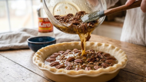 Goode Pecan Pie Recipe 6 Pouring pecan pie filling into an unbaked pie crust.
