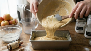 Stock’s Bakery Pound Cake Recipe 9 Pouring pound cake batter into loaf pan.