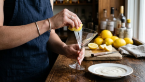 Lemon Drop Recipe 3 Preparing a sugar rim on a martini glass using a fresh lemon wedge for a lemon drop cocktail
