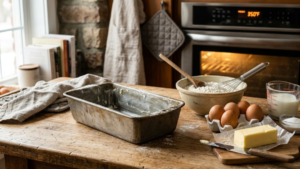 Stock’s Bakery Pound Cake Recipe 3 Preparing loaf pan and preheating oven for pound cake.