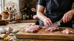 Molokai Chicken Recipe 3 Preparing raw chicken thighs on a cutting board for Molokai chicken recipe.