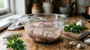 Mollejas de Res Recipe: Crispy and Delicious Beef Sweetbreads 3 Raw mollejas de res soaking in cold water and vinegar before cooking.