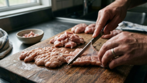 Mollejas de Res Recipe: Crispy and Delicious Beef Sweetbreads 4 Removing membrane from mollejas de res on a cutting board.