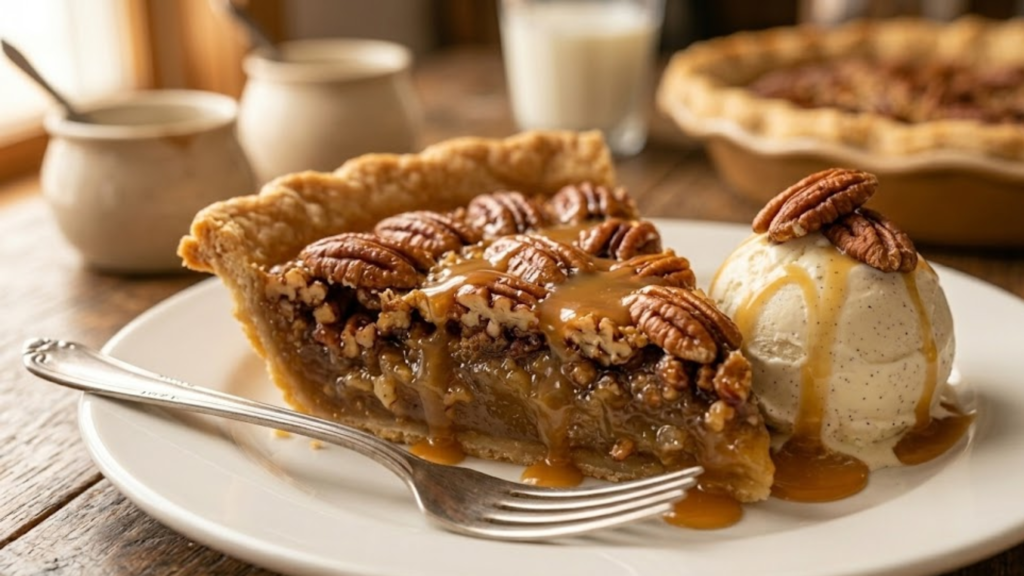 Home 9 Slice of Goode pecan pie served with vanilla ice cream.