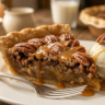 Slice of Goode pecan pie served with vanilla ice cream.