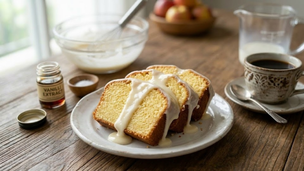 Home 7 Sliced Stock’s Bakery pound cake with vanilla icing.