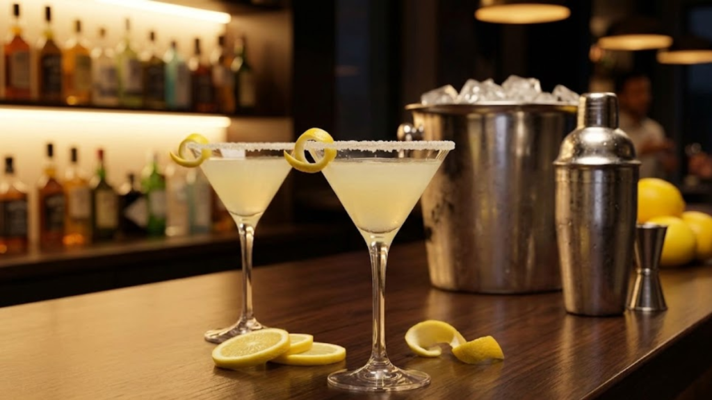 Home 6 Two lemon drop martinis served on a bar table with fresh lemons