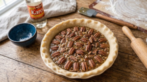Goode Pecan Pie Recipe 7 Unbaked pecan pie ready to go into the oven.
