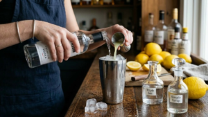 Lemon Drop Recipe 5 Vodka, lemon juice, triple sec, and simple syrup added to a cocktail shaker for lemon drop recipe