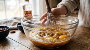 Goode Pecan Pie Recipe 4 Whisking eggs, sugar, corn syrup, butter, and vanilla to make pecan pie filling.