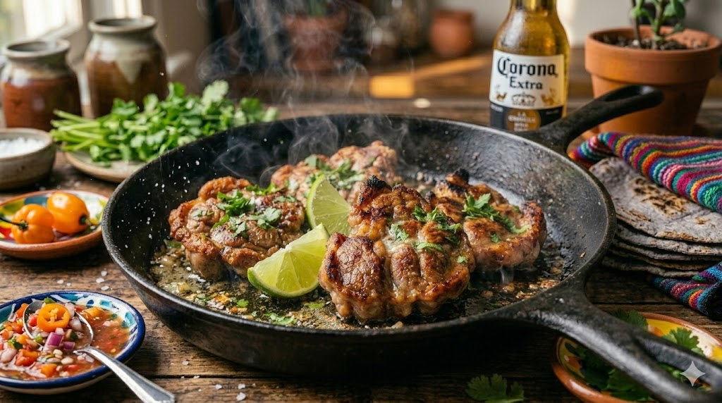 Home 12 Golden crispy mollejas de res cooking in a cast iron skillet.