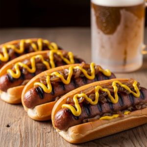 Beer brats served in buns with onions and mustard