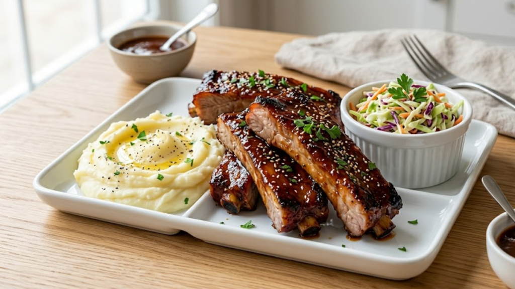 Ultimate Boneless Pork Rib Recipe 12 Boneless pork ribs with BBQ sauce served with mashed potatoes and coleslaw