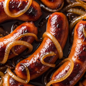 Brats cooking in thick beer sauce with caramelized onions