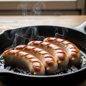 Bratwurst sausages browning in a skillet with butter