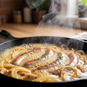 Bratwurst simmering in beer with onions in skillet