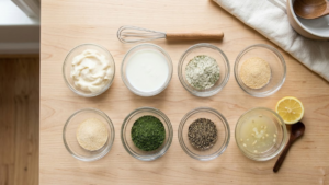 Ingredients for Mazzio’s ranch recipe arranged on a kitchen counter