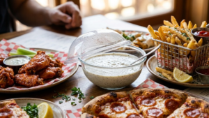 Mazzio’s ranch served with pizza and snacks