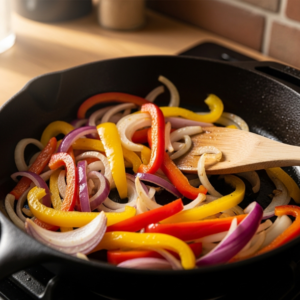 Onions and bell peppers caramelizing in a pan