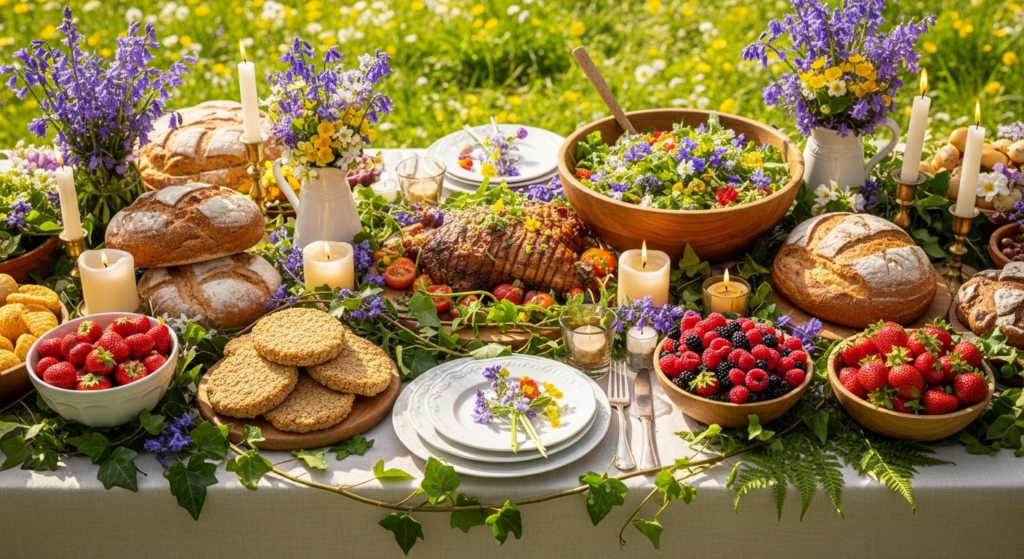 Beltane Recipes: Celebrate the Fire Festival with Traditional & Modern Dishes 12 Beltane feast table with traditional spring foods, flowers, and candles - Beltane Recipes: Celebrate the Fire Festival with Traditional & Modern Dishes