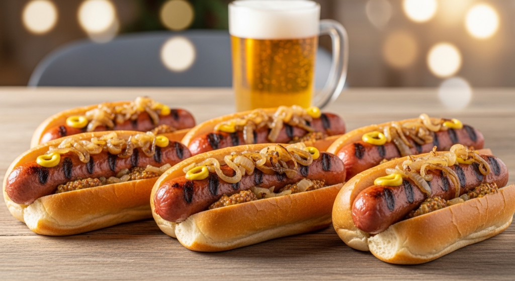 Brat Recipe (Beer Brats) – Juicy, Flavorful & Easy to Make 12 Juicy beer brats served in buns with onions and mustard on rustic table - Brat Recipe