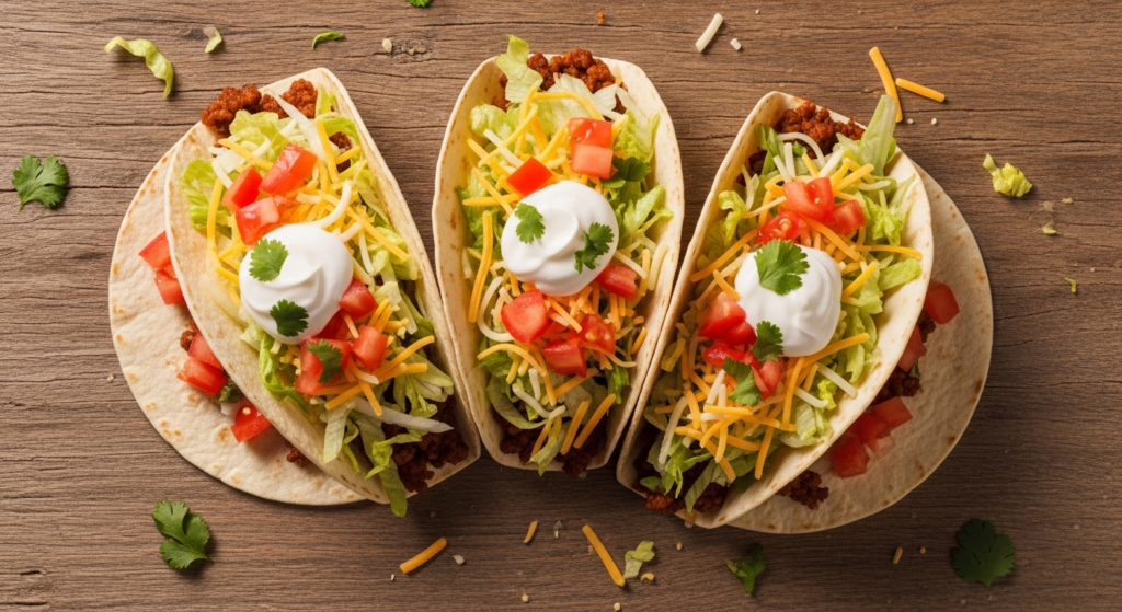 Taco meat recipe 12 Top view of tacos filled with juicy homemade taco meat, fresh lettuce, cheese, tomatoes, and sour cream on a wooden table - Taco meat recipe
