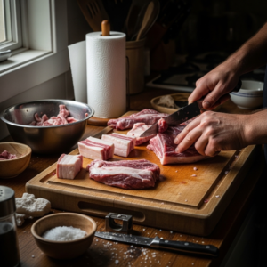 Cleaning and trimming raw possum meat on a wooden board