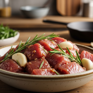 Possum meat marinating with herbs and spices