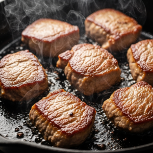 Searing possum meat in a hot pan