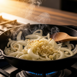 Cooking onions and garlic in a pan