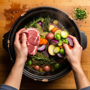 Adding ingredients into pot for possum stew