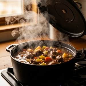 Possum stew slow cooking in a pot