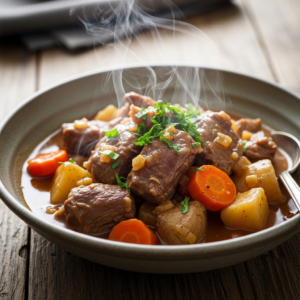 Served possum stew in a rustic bowl